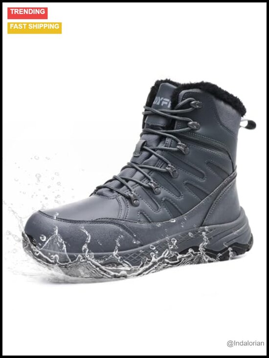 Waterproof Mid Calf Winter Snow Boots Men Fur Lined Non-Slip Hiking